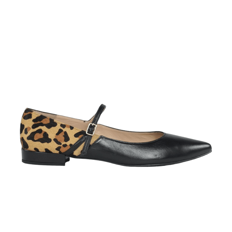 Zapatos de mujer planos piel negra con leopardo