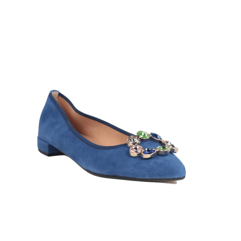 Zapatos mujer verano piel ante azules con adorno